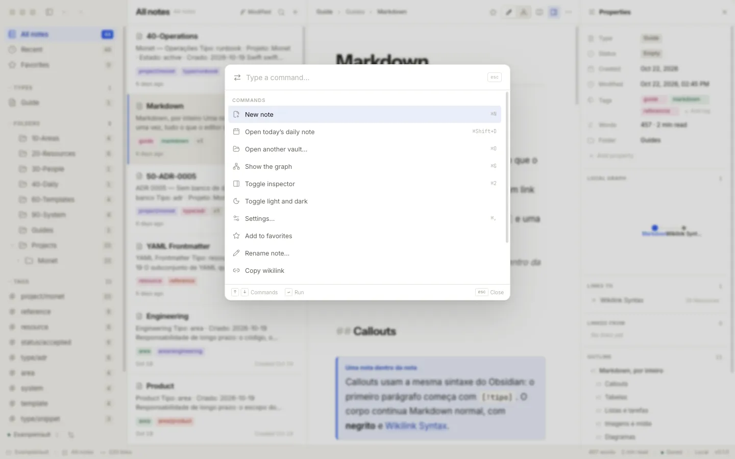 Monet — the command palette open over the editor